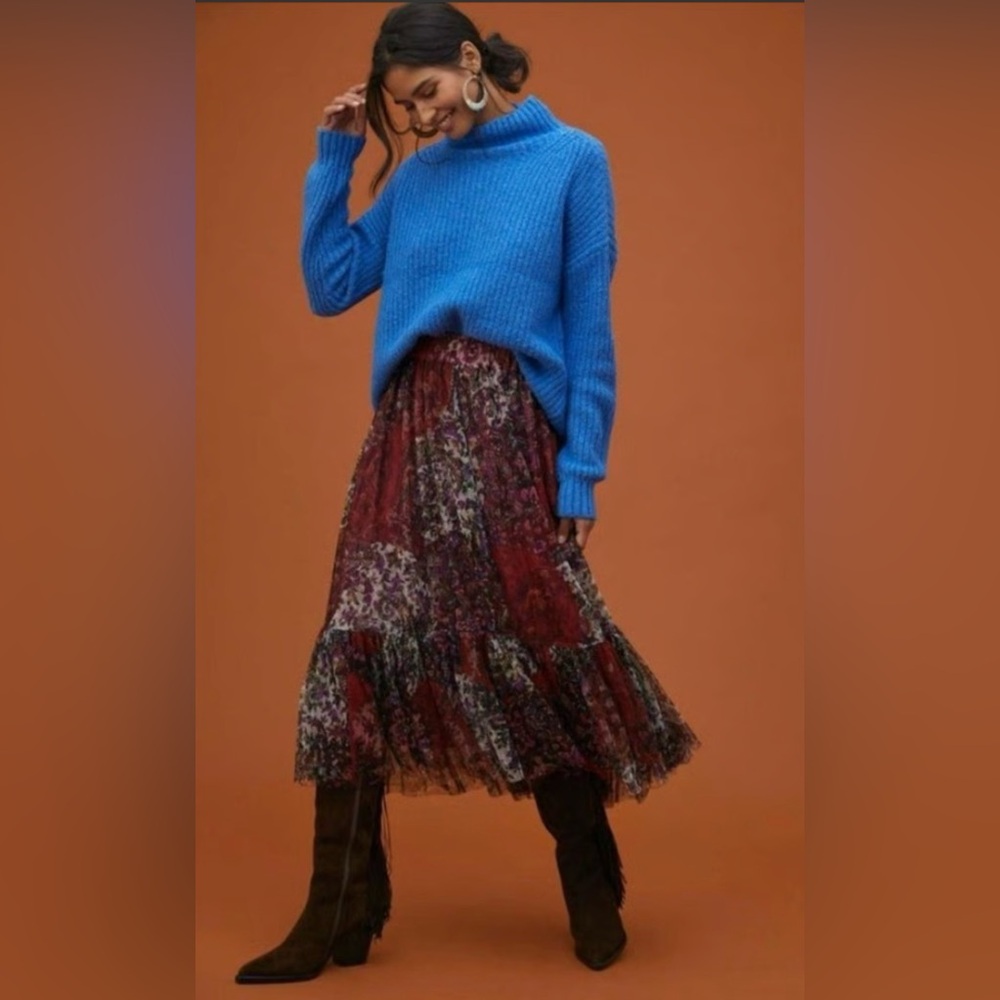 Anthropologie Funnel Neck Oversized Cotton Blend Sweater In Cobalt Blue Size XS